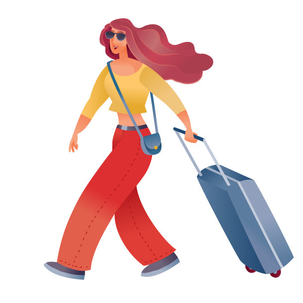 一个穿着红色裤子的女人提着一个手提箱去旅行，白色背景上的一个孤立的物体，图片下载