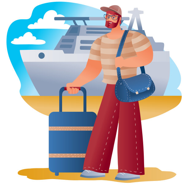 男人携带手提箱和背包，准备出差，身后是一艘大型游轮图片下载