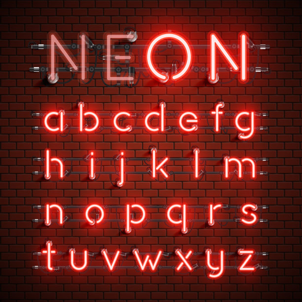 高详细霓虹灯字体集，矢量插图图片下载