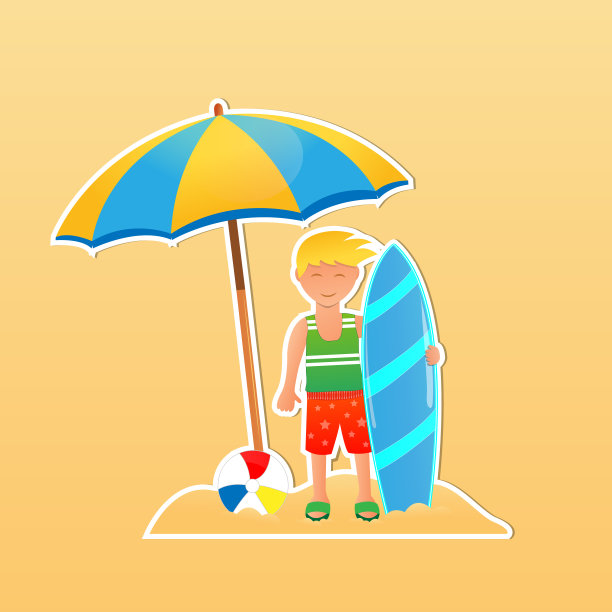 十几岁的男孩站在沙滩上拿着冲浪板，矢量插图贴纸设计素材图片