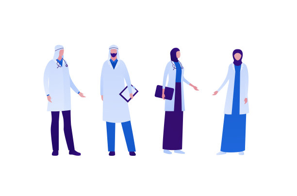 医疗专业人团队理念。矢量平面人插图集。穆斯林阿拉伯民族。一组男女医生。女性面纱。设计横幅，网页，信息图表图片下载