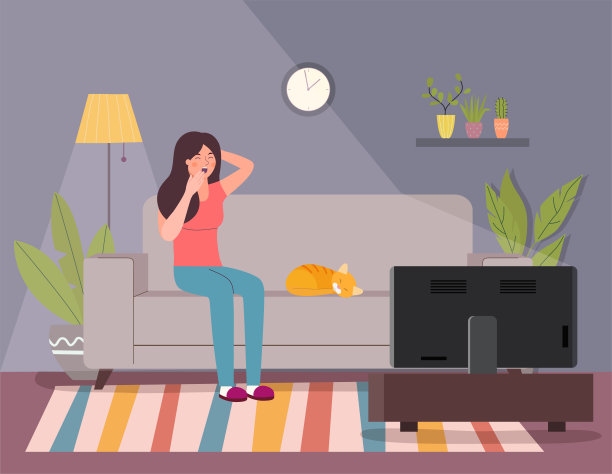 女人在沙发上打哈欠看电视。矢量平面风格的插图。素材图片
