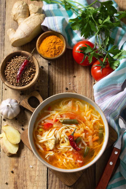 印度菜图克帕汤。热面条汤，鸡肉，生姜，香菜和香料放在一个特制的木桌上。图片下载
