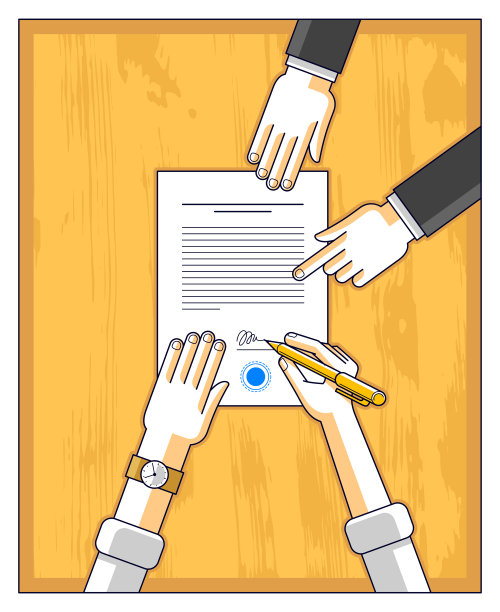 商人签署合同纸质文件或银行客户在货币信贷金融形式上签字，而雇员帮助他并说明贷款条件，俯视人们的双手。向量。图片下载