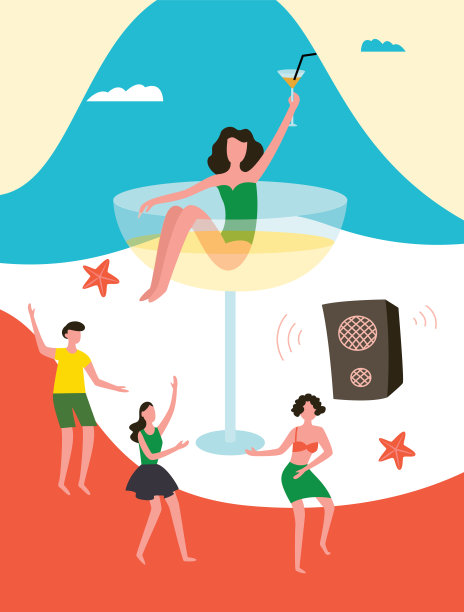 夏季海滩派对海报：人们跳舞，香槟酒杯中的女人图片下载