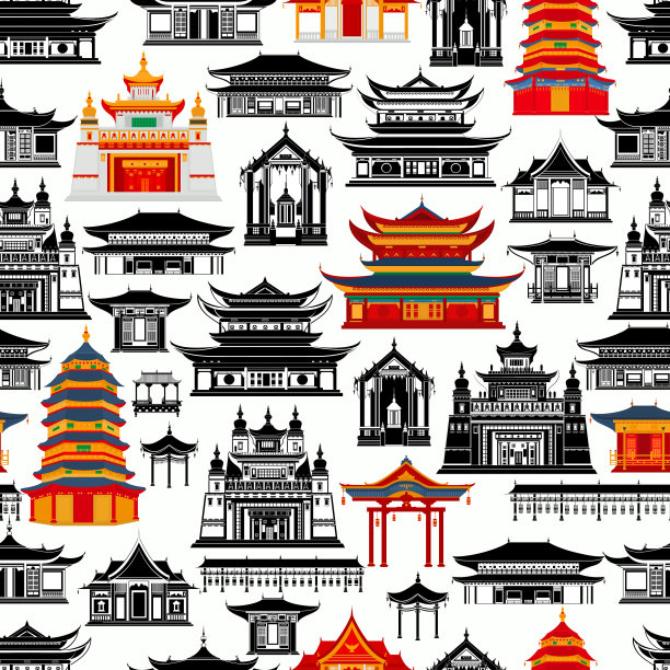 无缝矢量图案与中国传统建筑和寺庙图片下载