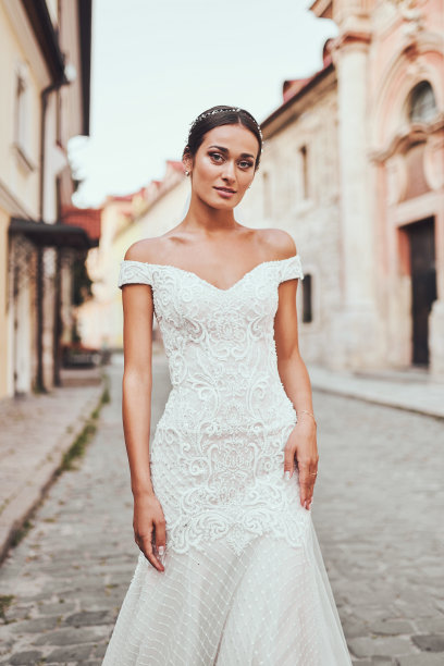 新娘在古老的欧洲城市的背景婚纱图片下载