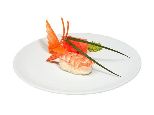 寿司，虾，姜，芥末，白色圆盘图片下载