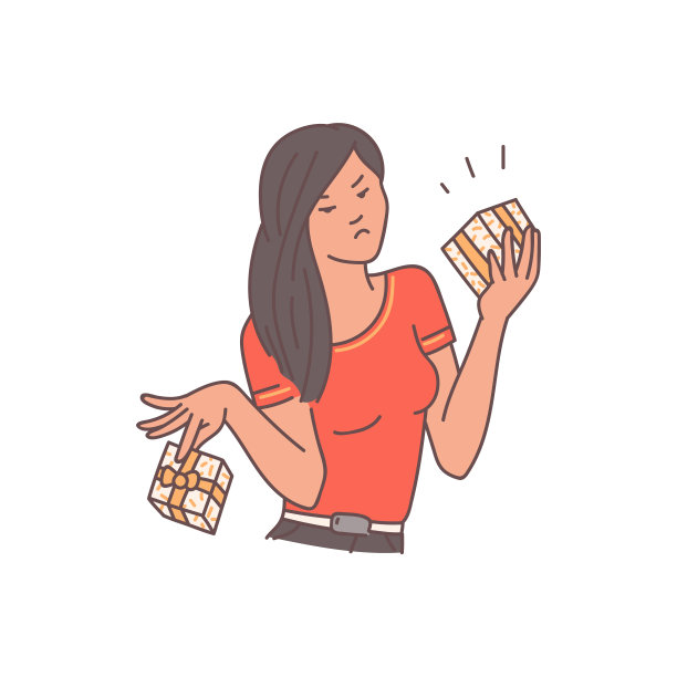 卡通女子拿着礼盒，脸上生气或沮丧，并扔掉了盒盖图片下载