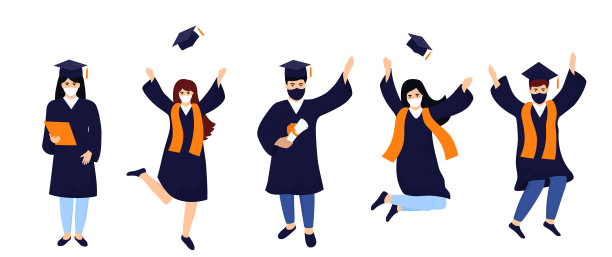 2020年，毕业生们戴着医用防护口罩，在冠状病毒隔离期间庆祝毕业。男孩和女孩玩得很开心，跳着扔学位帽和文凭图片下载