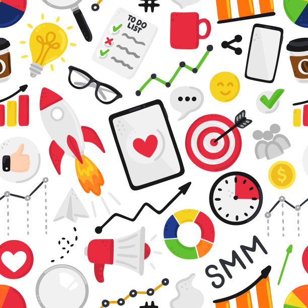 带有smm元素的矢量无缝模式。社会媒体营销。在目标客户中推广图片下载