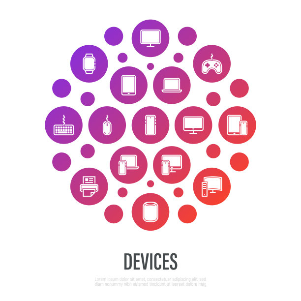 圆形设备:智能手机、平板电脑、笔记本电脑、pc积木、游戏电脑、手柄、显示器、鼠标、键盘、摄像头、打印机、智能手表、智能音箱。细线图标。矢量插图。图片下载