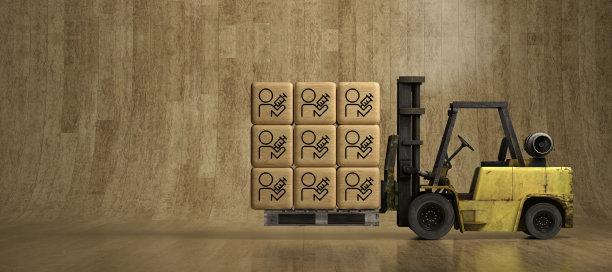 带有木箱和疫苗接种图标的叉车- 3D渲染图图片下载
