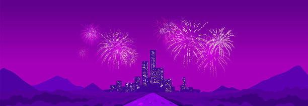 烟花在城市上空飞舞。远处摩天大楼和山的轮廓的全景。汽车在高速公路上。图片下载