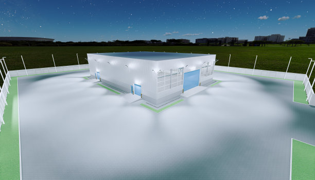 3d渲染机库建筑外部和卷帘门和铺砖地板在晚上的时间。图片下载