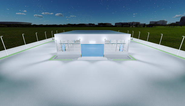 3d渲染机库建筑外部和卷帘门和铺砖地板在晚上的时间。图片下载