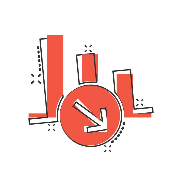 漫画风格的市场趋势图标。下降箭头与放大器卡通矢量插图在白色孤立的背景。减少飞溅效应的经营理念。图片下载