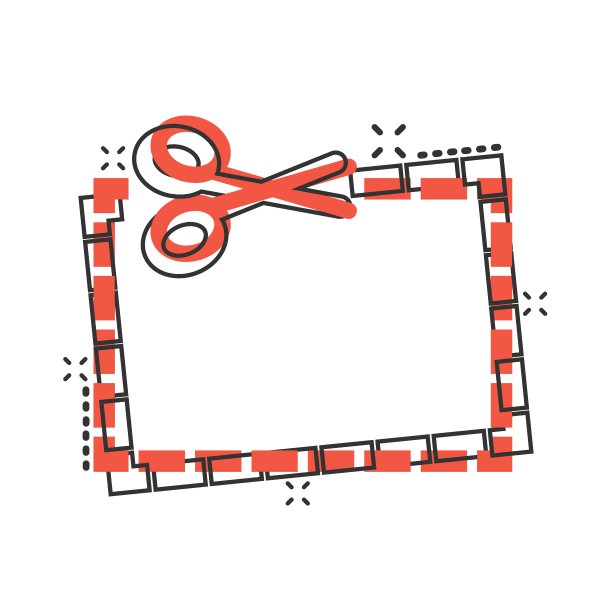 优惠券剪线图标在漫画风格。剪刀剪卡通符号矢量插图在白色孤立的背景。销售喷溅效果贴纸的经营理念。图片下载