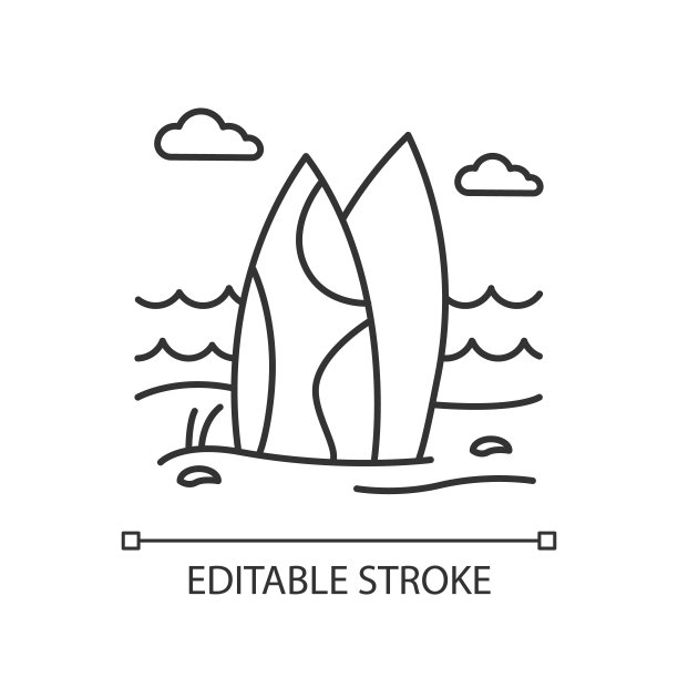 冲浪板在海滩上的线性图标。冲浪海浪。印尼海上冲浪活动。水上运动设备。细线说明。轮廓的象征。矢量孤立轮廓绘制。可编辑的中风图片下载