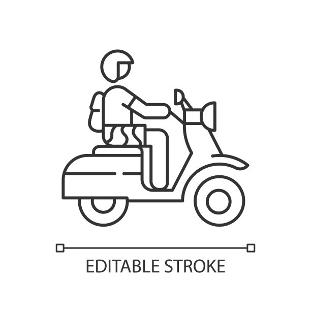 摩托车线性图标。巴厘岛的摩托车司机。印度尼西亚的摩托车。滑板车热带岛屿公路旅行。细线说明。轮廓的象征。矢量孤立轮廓绘制。可编辑的中风图片下载