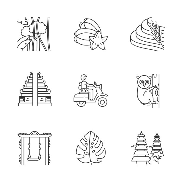 印尼线性图标集。热带国家的动物、植物。印度尼西亚群岛。异国情调的地方。细线等高线符号。孤立矢量大纲插图。可编辑的中风。完美的像素图片下载