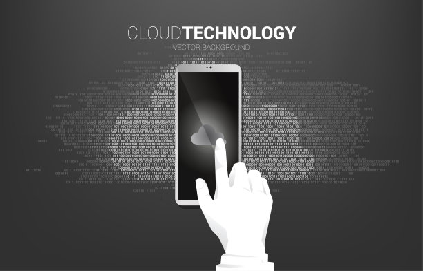 商人用手点击手机和背景云的一位数和零位矩阵样式。图片下载