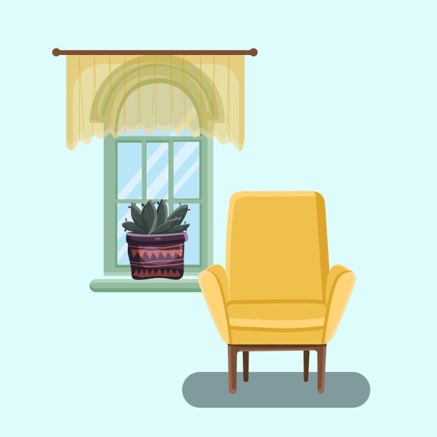 房子的内部是扶手椅、窗帘和花素材图片