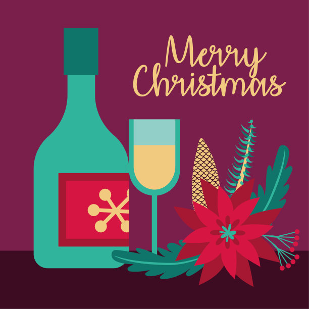 有鲜花和香槟的圣诞贺卡图片下载