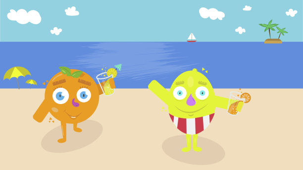 一个柠檬和一个橙子在海滩上享受的卡通图片下载