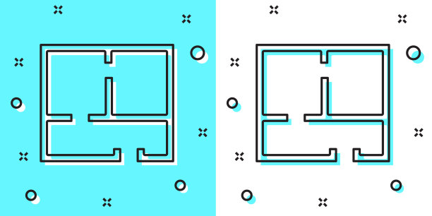 黑线房屋计划图标孤立在绿色和白色背景上。随机动态形状。矢量图图片下载