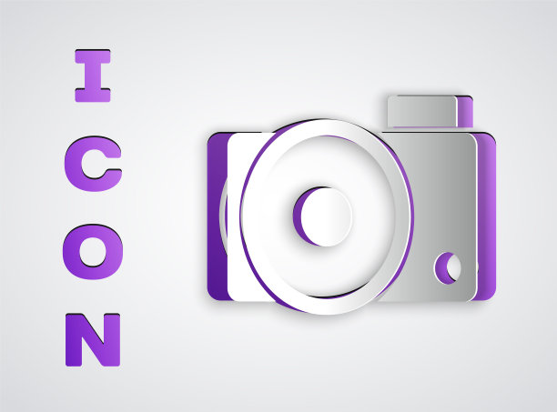 剪纸照片相机图标孤立在灰色背景。与相机图标。纸艺术风格。矢量图图片下载