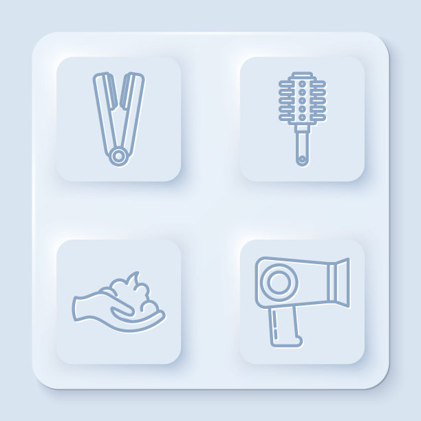 设置卷发器，发刷，剃须凝胶泡沫和吹风机。白色正方形按钮。向量图片下载