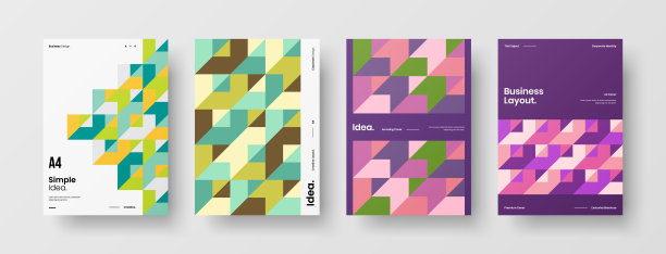 公司标识手册模板收集。业务表示向量A4垂直方向首页模拟设置。公司报告封面抽象几何插图设计布局捆绑。图片下载