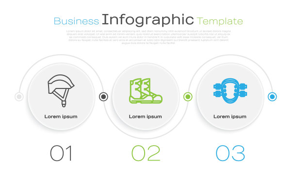 系列自行车头盔，靴子和护膝。业务信息模板。向量图片下载