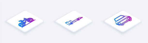 设置等距线自行车，方程式赛车和汽车。白色正方形按钮。向量图片下载