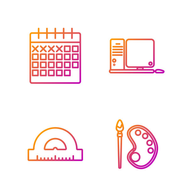 设置线条与调色板油漆笔刷，量角器网格测量度，日历和计算机显示器键盘和鼠标。渐变颜色图标。向量图片下载