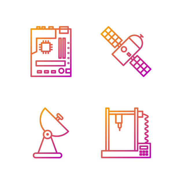 3D打印机，雷达，主板，卫星。渐变颜色图标。向量图片下载