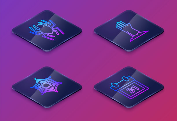 设置等距线蜘蛛，蜘蛛网，僵尸手和日历与万圣节日期10月31日。蓝色方块按钮。向量图片下载