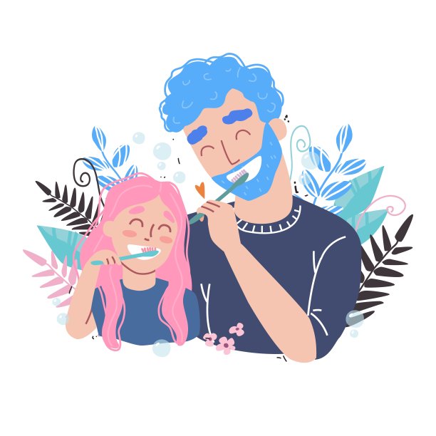 爸爸和女儿在刷牙。家庭幸福，身体健康。图片下载