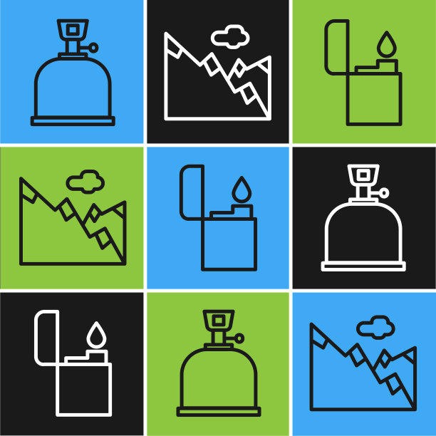 Set line露营煤气炉，打火机和山的图标。向量图片下载