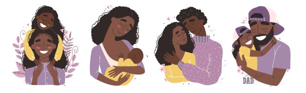 一个幸福微笑的黑人非洲裔美国家庭被孤立在白色背景的剪辑艺术图片下载