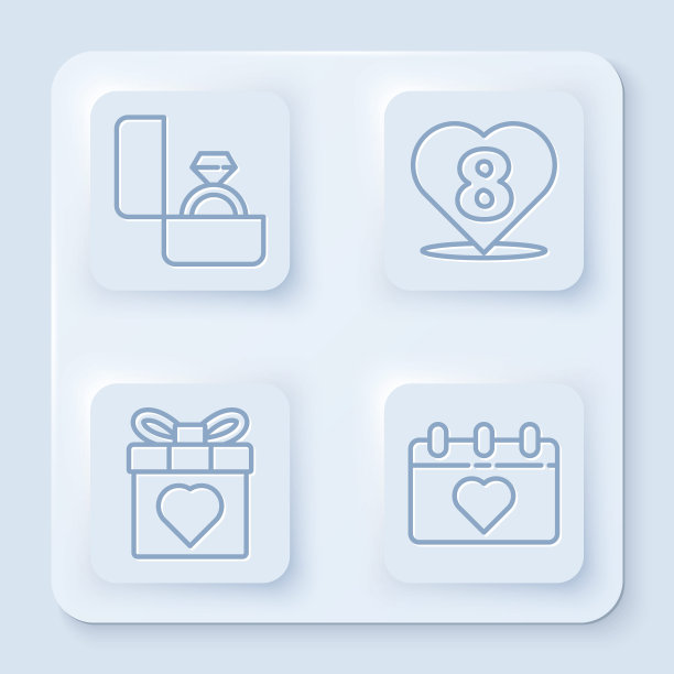 套线钻石订婚戒指，心与3月8日，礼盒和心和日历与3月8日。白色正方形按钮。向量图片下载