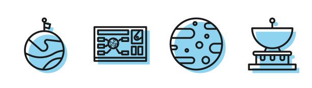 设置线卫星天线，月亮与旗帜，未来hud界面和行星土星图标。向量图片下载