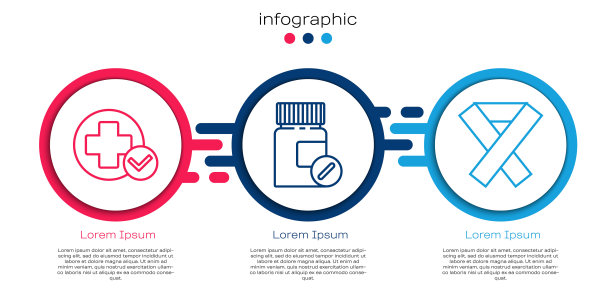 设十字医院医用线、药瓶、药丸及宣传带。业务信息模板。向量图片下载