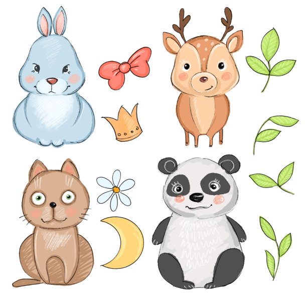 一组可爱的动物:兔子，熊猫，鹿和猫图片下载