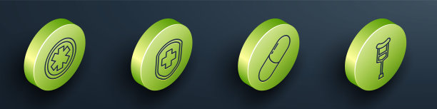 设置等距医疗符号紧急，医疗盾牌与十字，药物药丸或平板和拐杖或拐杖图标。向量图片下载