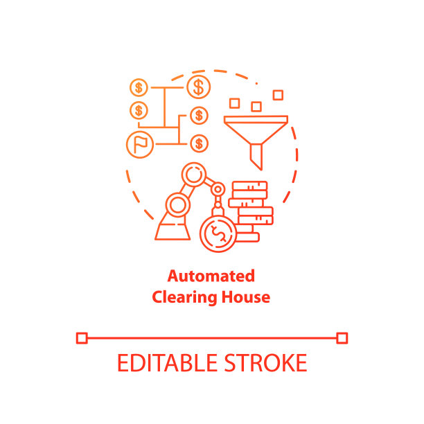 自动票据交换所红色渐变概念图标。ACH信用转让想法细线说明。电子支付系统。金融事务。银行业。矢量孤立轮廓图图片下载