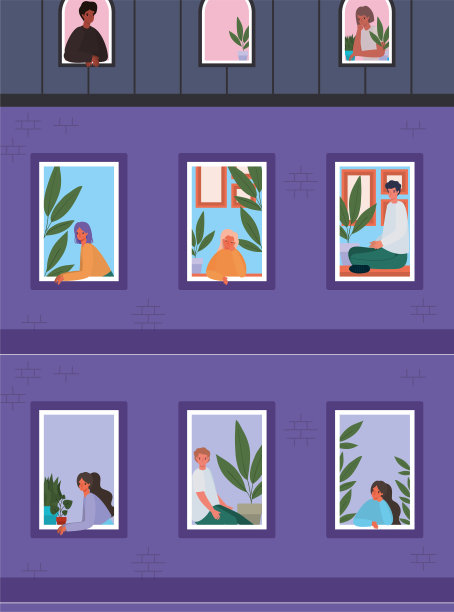 人们从紫色建筑的窗户向外看矢量设计图片下载