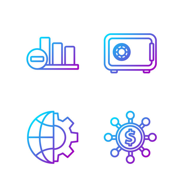设置线美元，份额，网络，地球和齿轮，饼图信息图和安全。渐变颜色图标。向量图片下载