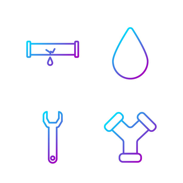 工业金属管、扳手、断管漏水、滴漏。渐变颜色图标。向量图片下载
